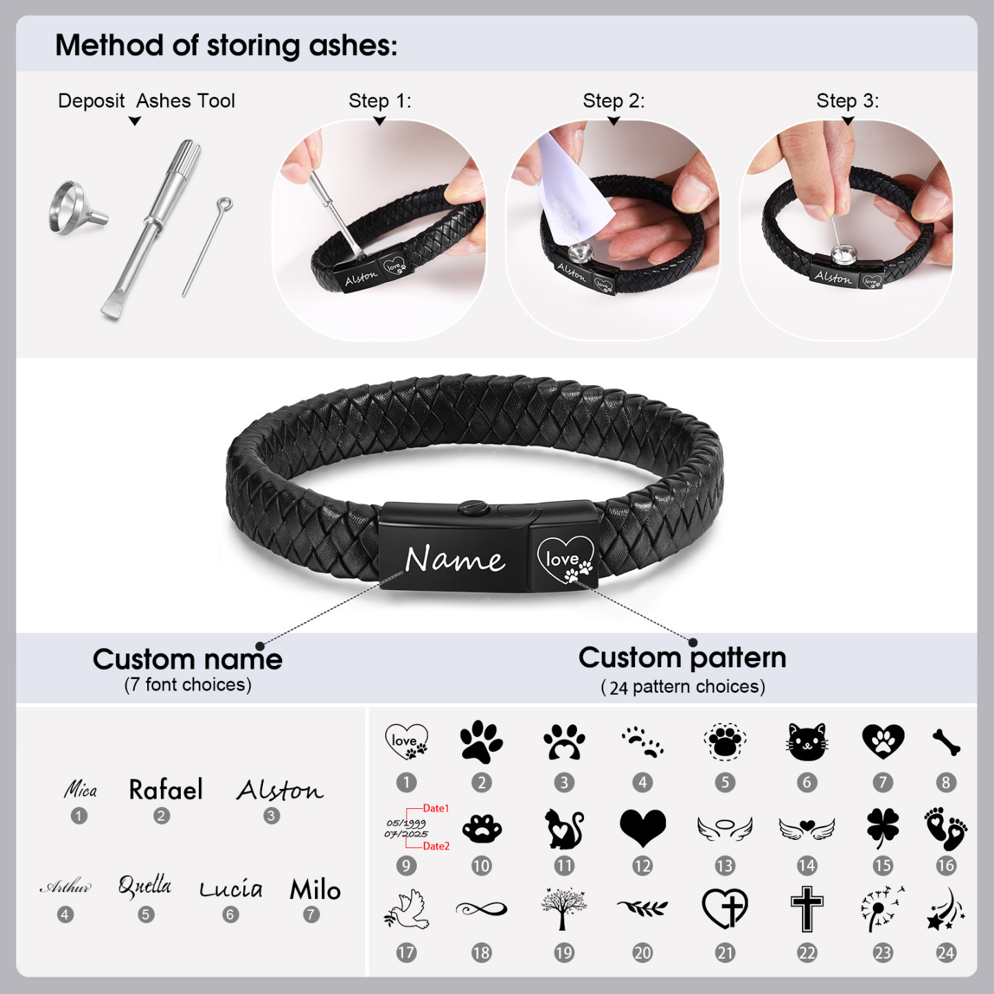 Personalized Braided Leather Memorial Bracelet Pet Ashes Keepsake Bracelet