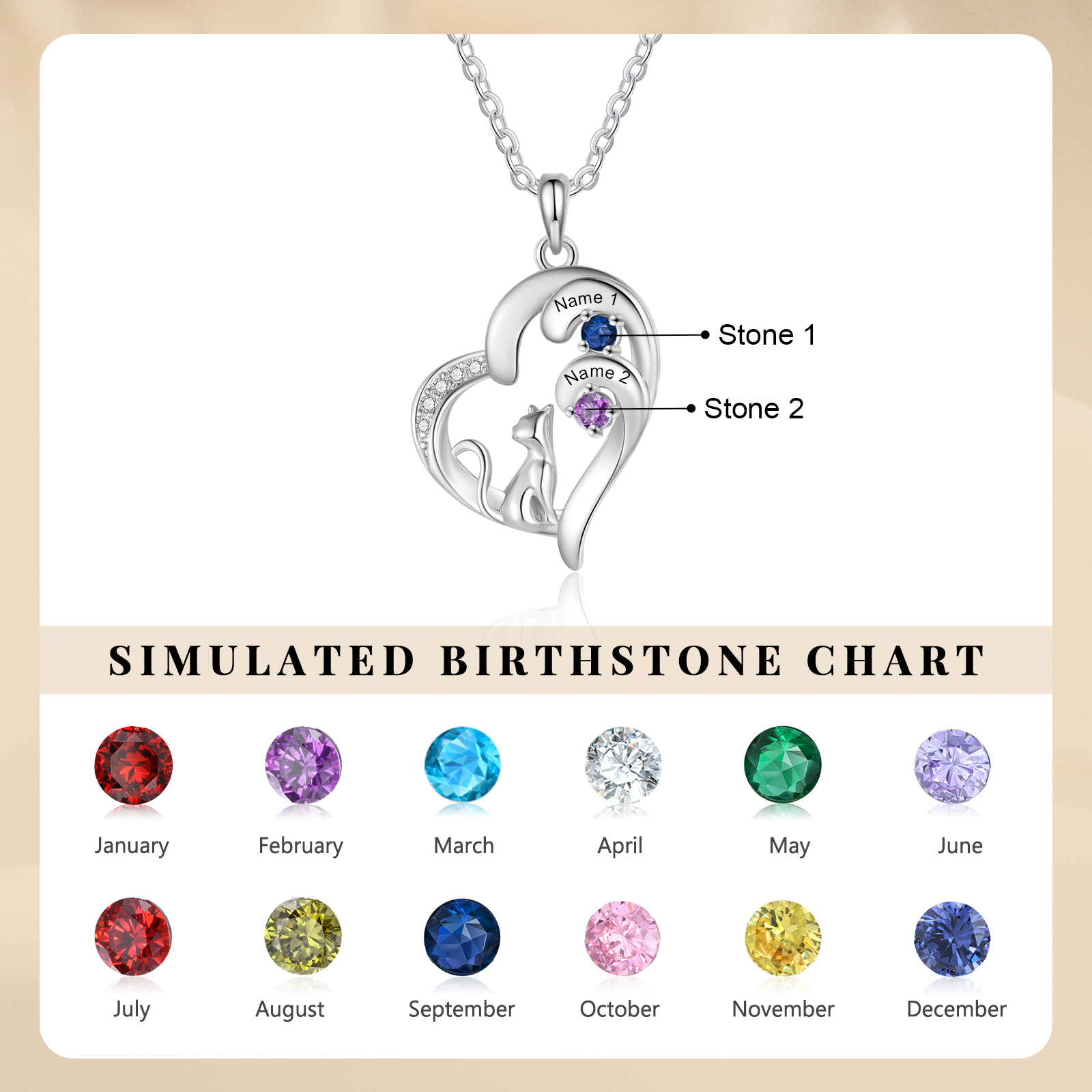 Personalized Cat Heart Necklace with 2–5 Birthstones and Names