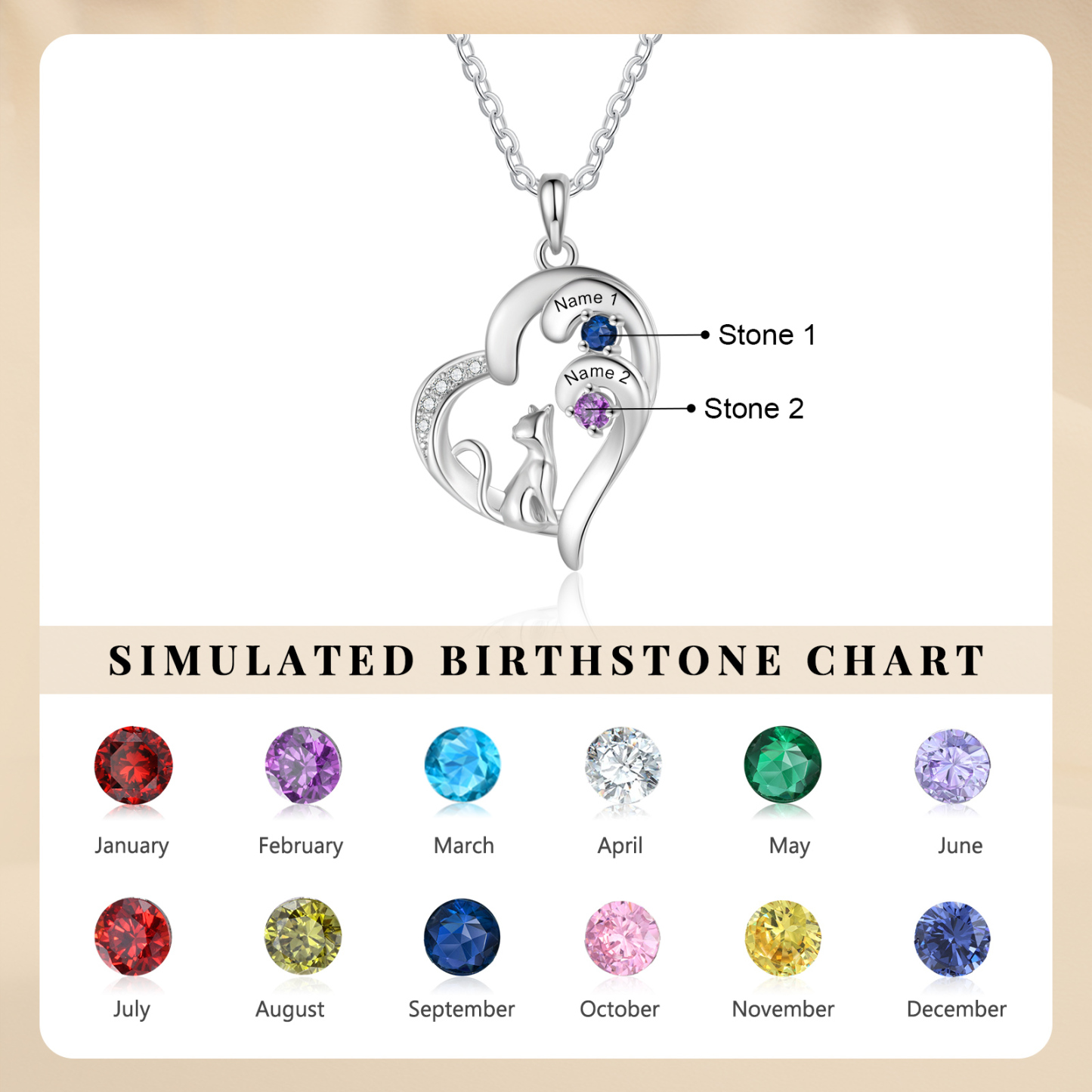 Personalized Cat Heart Necklace with 2–5 Birthstones and Names