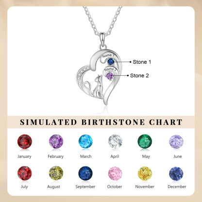 Personalized Cat Heart Necklace with 2–5 Birthstones and Names