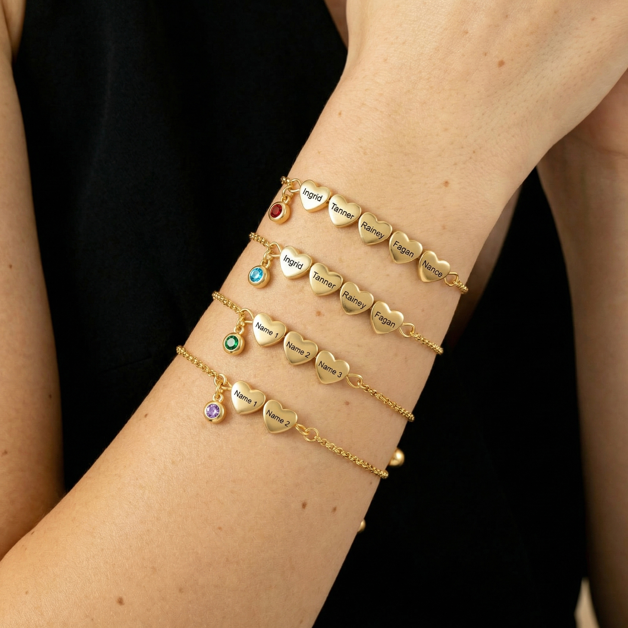Personalized Bracelet With Engraved Hearts Custom with 2-5 Names And Birthstone Gift