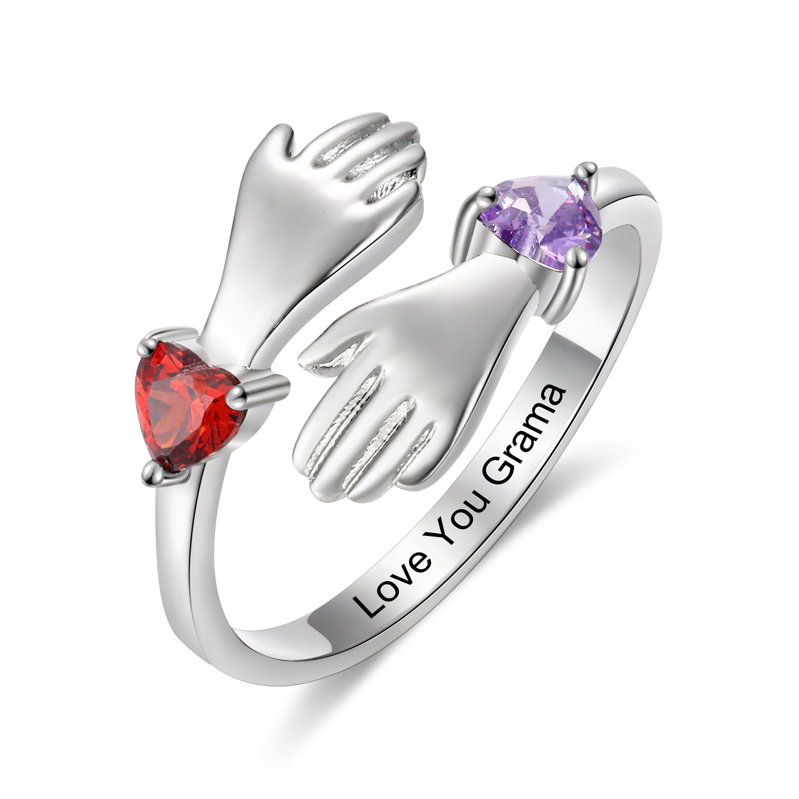 Personalized Hug Hands Ring with Heart Birthstones