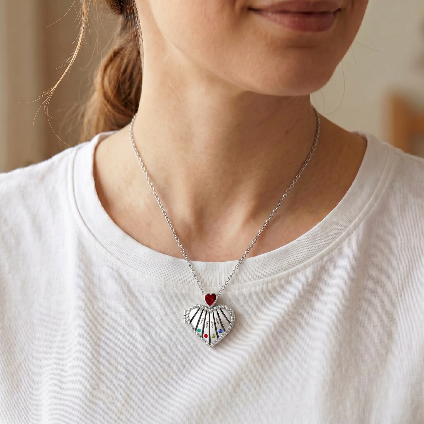 Personalized Heart Locket Birthstone Photo Necklace Custom with 1-6 Names Birthstones
