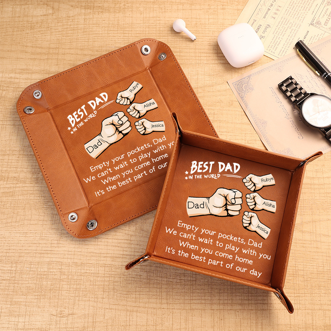 Personalized Leather Tray Best Dad Ever Custom With 1–6 Names And Fist Bump Design