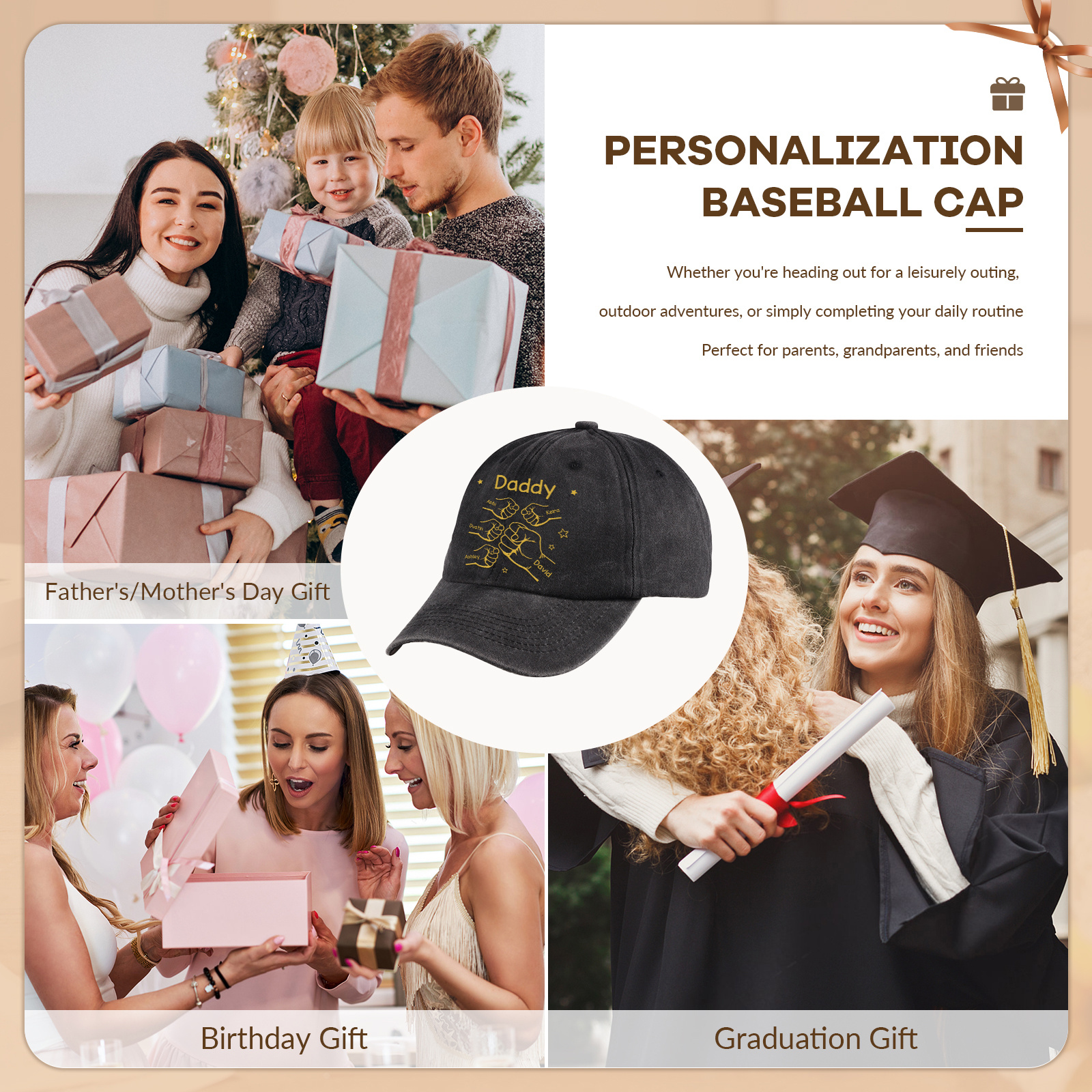 Personalized Washed Denim Baseball Cap Customized with 1-10 Names and Fist Bumps