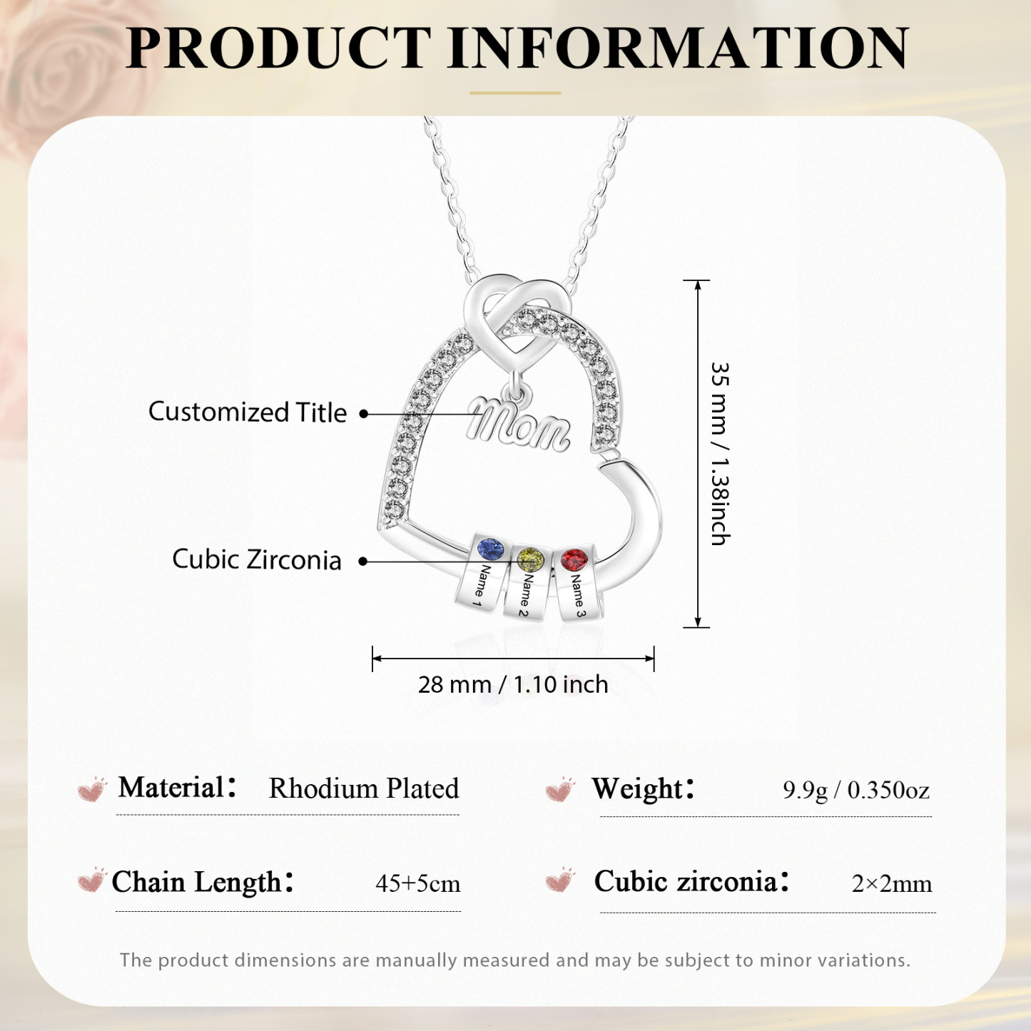 Personalized Mom heart necklace with birthstone and 1-5 names