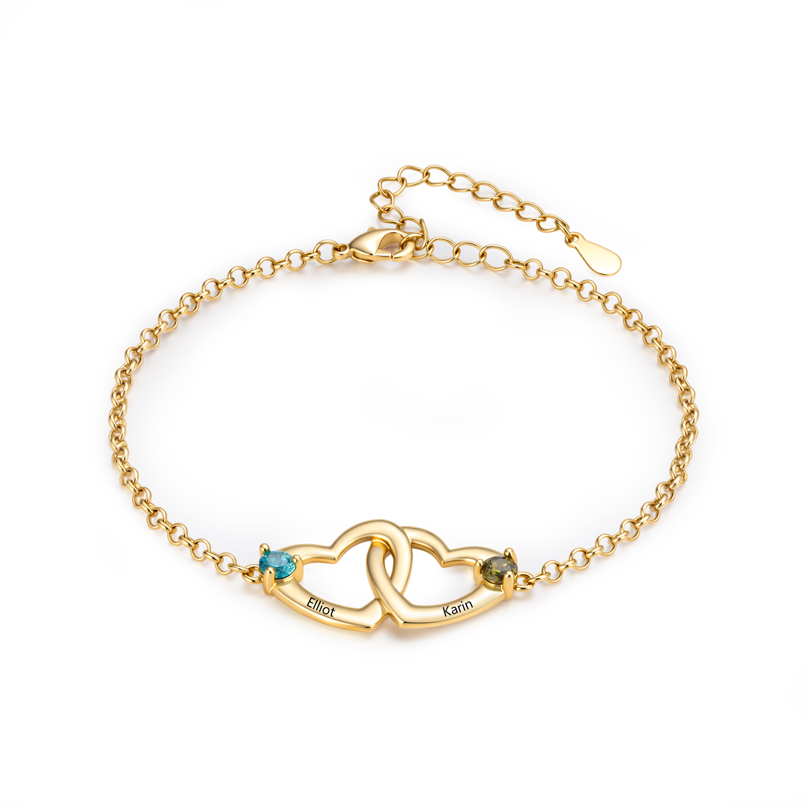 Personalized Heart Bracelet Custom With 2 Names 2 Birthstones Gift For Her
