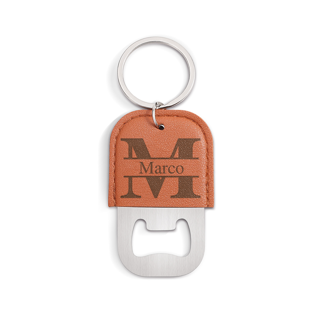 Personalized Leather Keychain Bottle Opener Custom with 15 Selectable Designs for Men