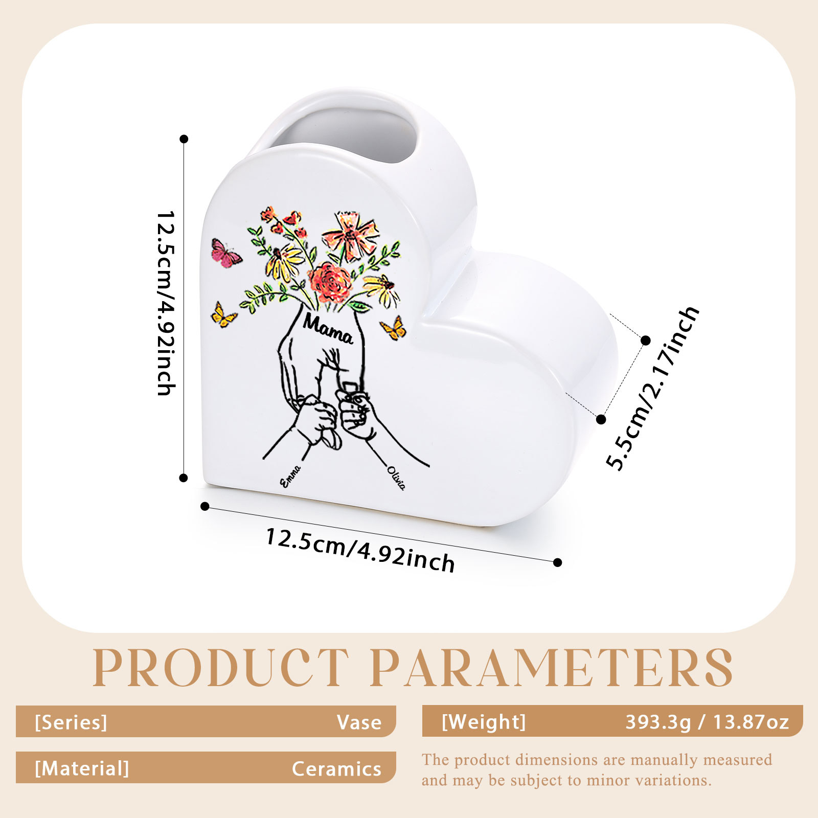 Personalized ceramic heart vase custom with text and 2–8 children’s names