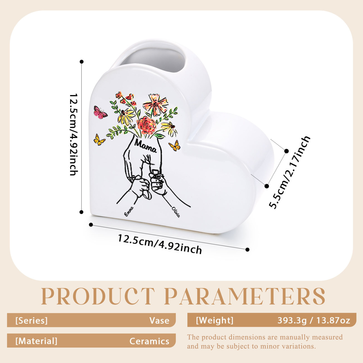 Personalized ceramic heart vase custom with text and 2–8 children’s names