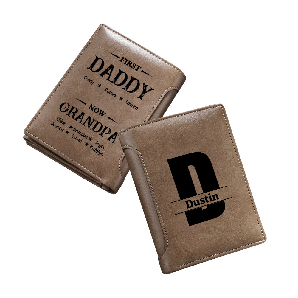 Personalized Men Trifold Leather Wallet First Dad Now Grandpa Custom with 2-14 Names