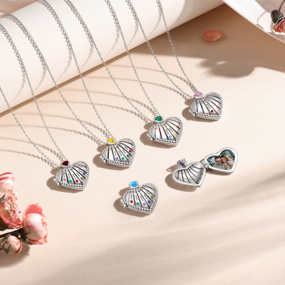 Personalized Heart Locket Birthstone Photo Necklace Custom with 1-6 Names Birthstones