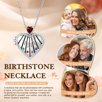 Personalized Heart Locket Birthstone Photo Necklace Custom with 1-6 Names Birthstones