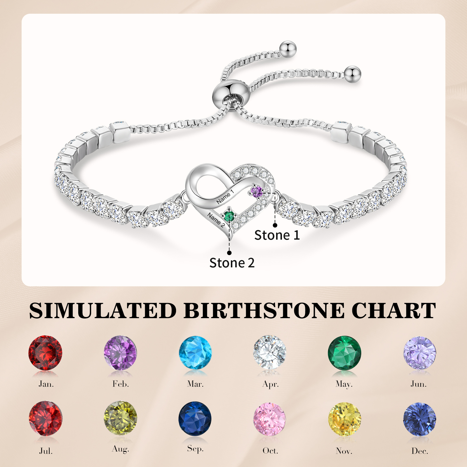 Personalized Infinity Heart Tennis Bracelet with 2–4 Names and Birthstones