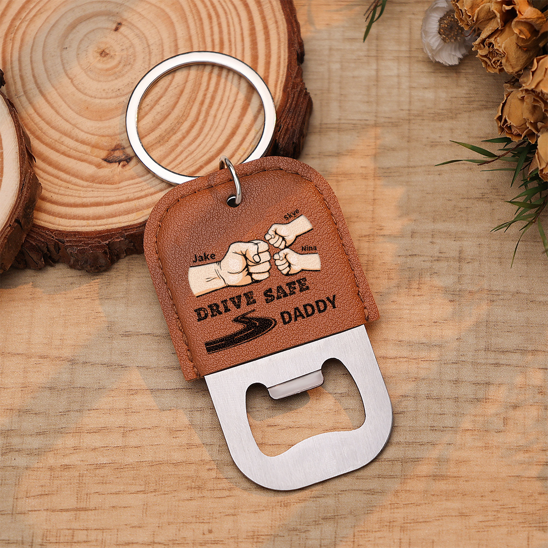Personalized Leather Keychain with Bottle Opener for Dad, Customized with 2–5 Names, Fist Bump “Drive Safely” Gift, Practical, for Father’s Day and Dad’s Birthday | Jessemade