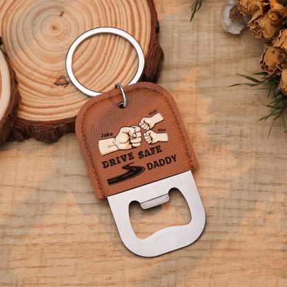 Personalized Leather Keychain with Bottle Opener for Dad, Customized with 2–5 Names, Fist Bump “Drive Safely” Gift, Practical, for Father’s Day and Dad’s Birthday | Jessemade