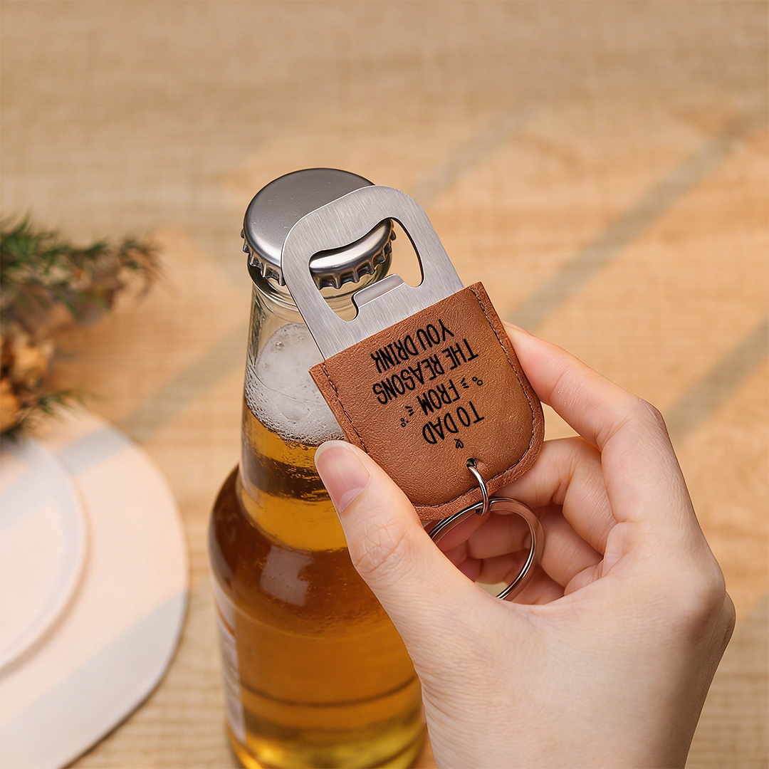 Personalized Leather Keychain With Bottle Opener For Dad Customized With 1–6 Children’s Names And Photo