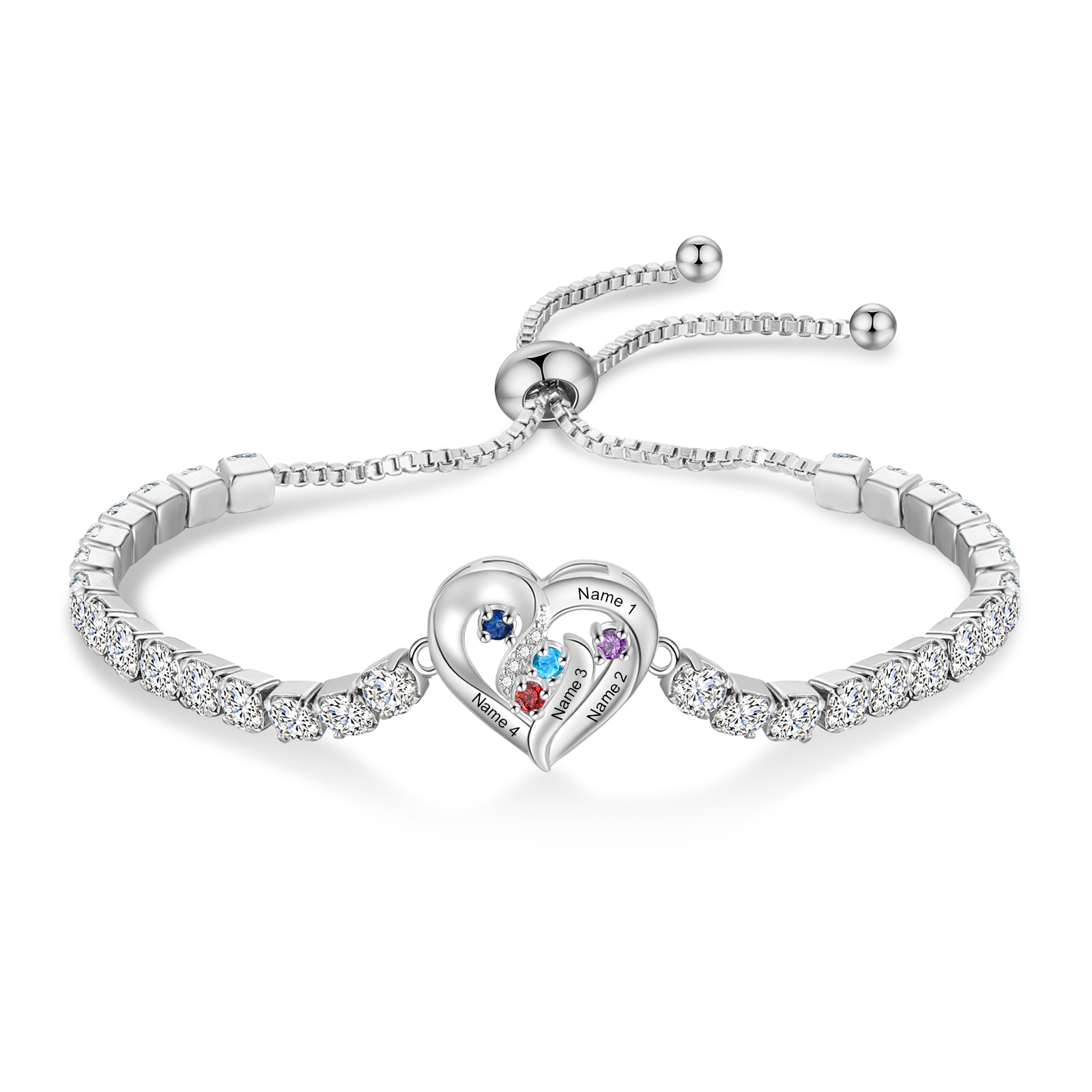 Personalized Diamond Heart Birthstone Tennis Bracelet with 2–5 Custom Names