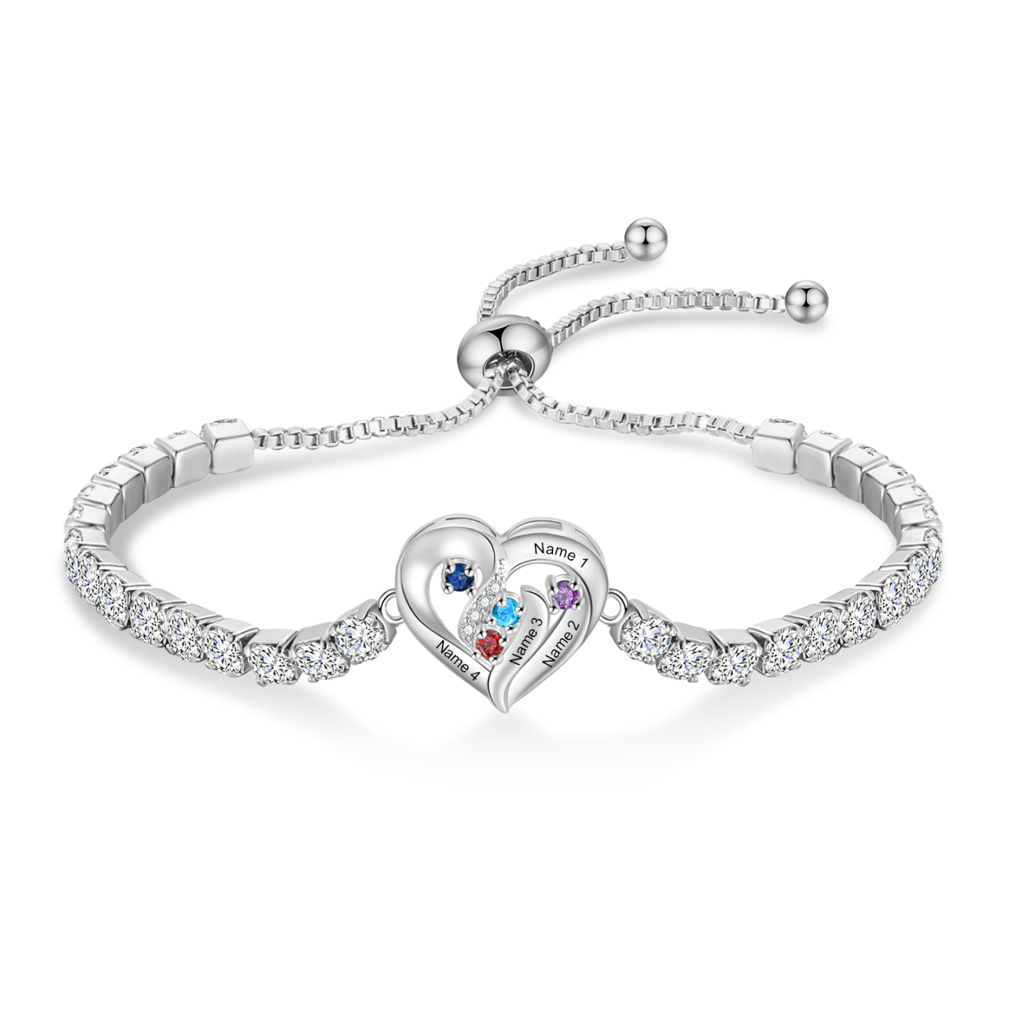 Personalized Diamond Heart Birthstone Tennis Bracelet with 2–5 Custom Names