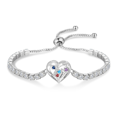 Personalized Diamond Heart Birthstone Tennis Bracelet with 2–5 Custom Names