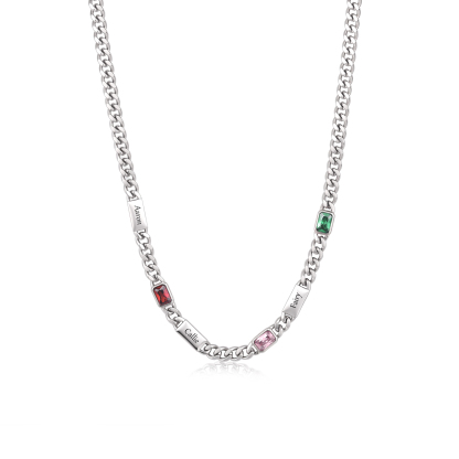 Personalized Cuban Chain Men Necklace Custom With 1-6 Names And Birthstones Gift For Dad Or Husband
