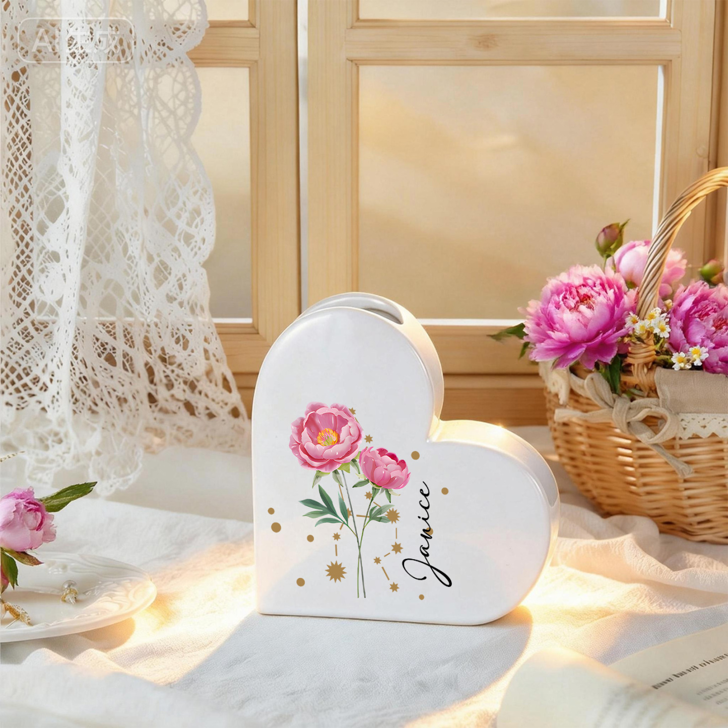 Personalized Heart-shaped Ceramic Vase Custom with Birth Flowers and Zodiac Sign