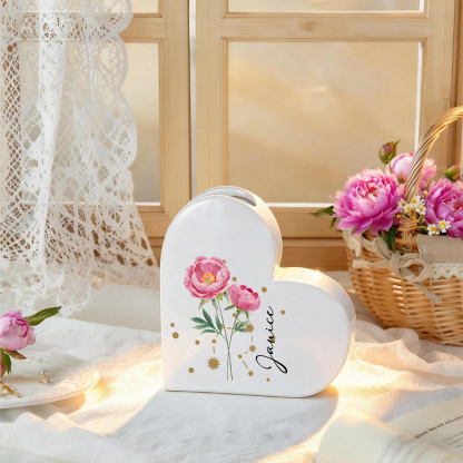 Personalized Heart-shaped Ceramic Vase Custom with Birth Flowers and Zodiac Sign