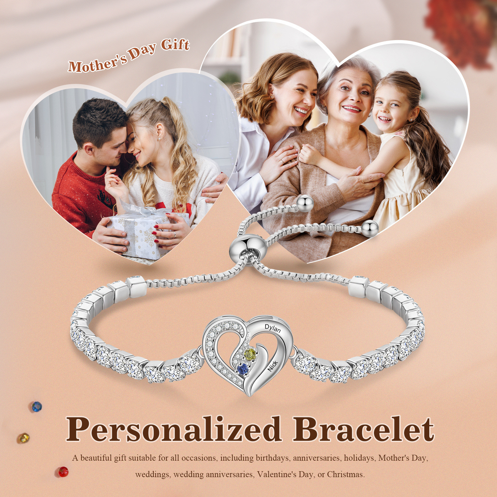 Personalized Diamond Heart Birthstone Tennis Bracelet with 2–5 Custom Names