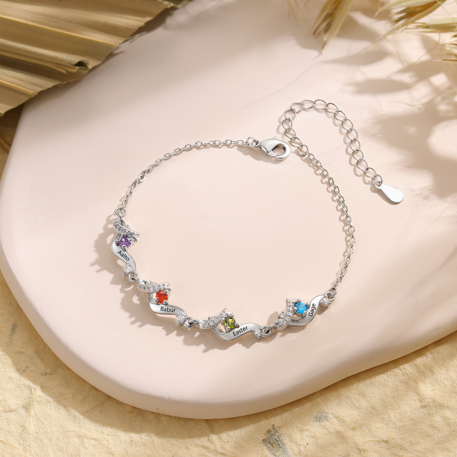 Personalized Ribbon Bracelet Custom with 2–5 Birthstone and Name for Women