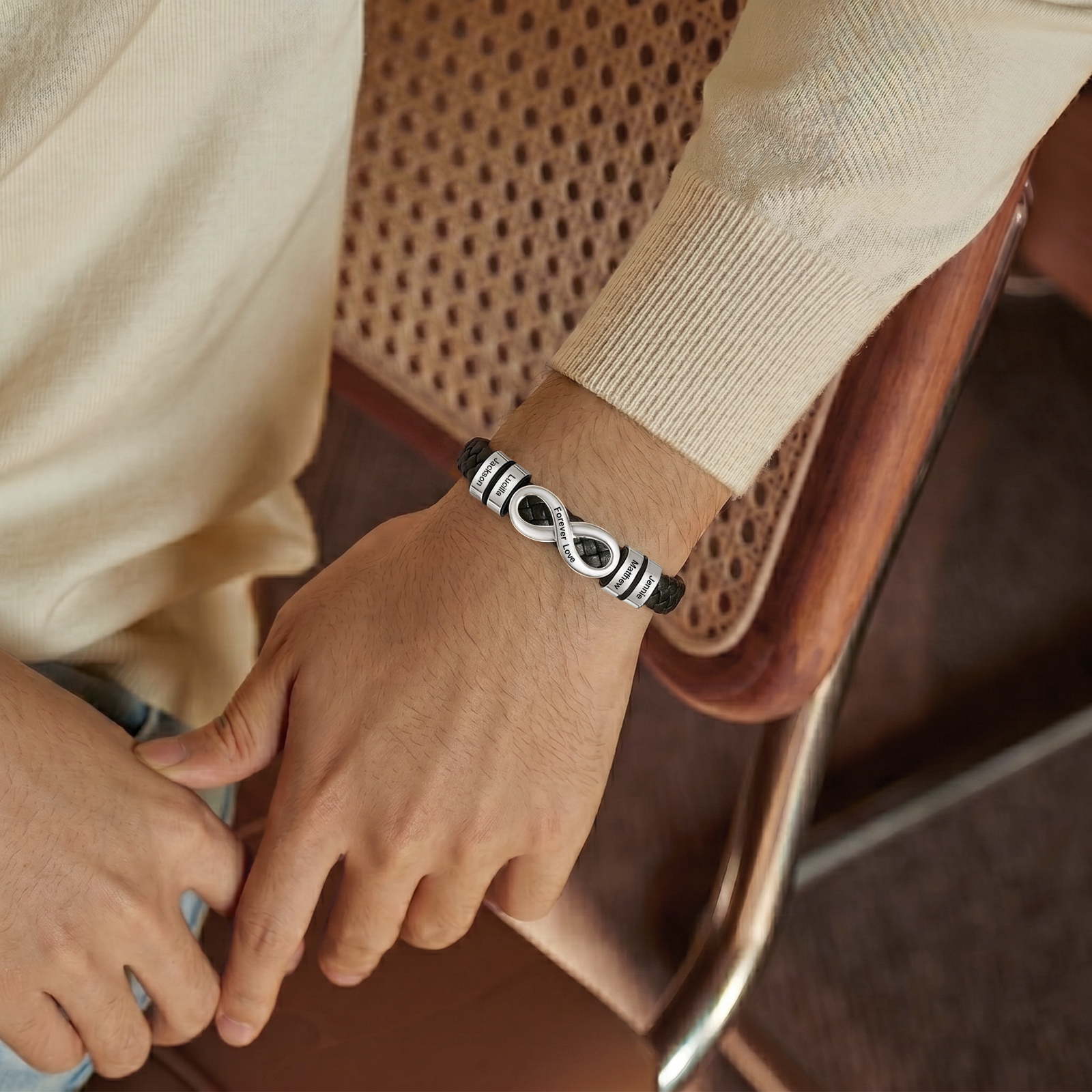 Personalized Infinity Men Bracelet Custom with 2–6 Names Braided Leather Bracelet