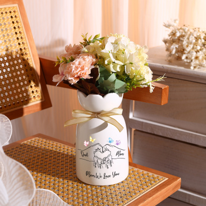 Personalized Ceramic Flower Vase Hand-In-Hand Family Motif Customized With 3-8 Names