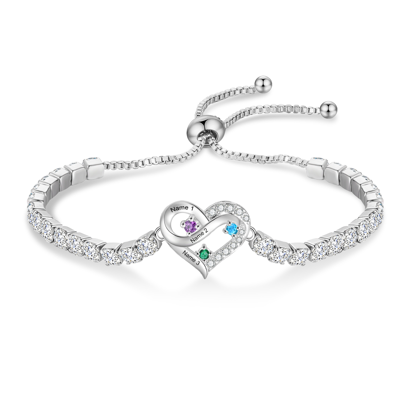 Personalized Infinity Heart Tennis Bracelet with 2–4 Names and Birthstones