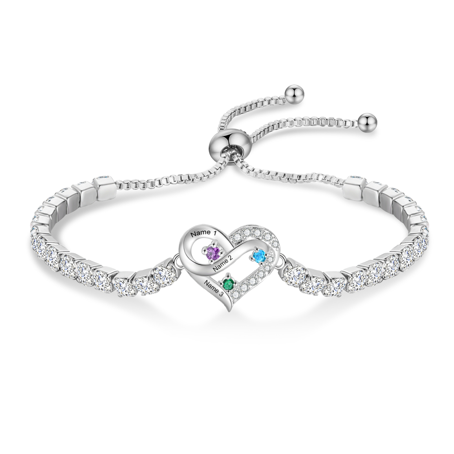 Personalized Infinity Heart Tennis Bracelet with 2–4 Names and Birthstones