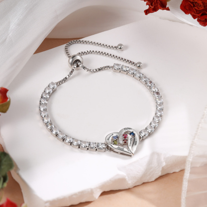 Personalized Diamond Heart Birthstone Tennis Bracelet with 2–5 Custom Names
