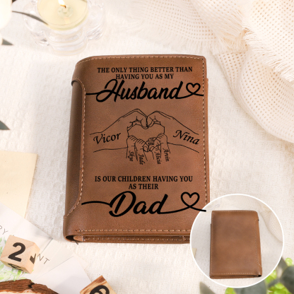 Personalized Leather Trifold Wallet for Husband or Dad with 1–6 Kids Names and Heart Hands Design Gift Idea for Father’s Day or Dad’s Birthday | Jessemade