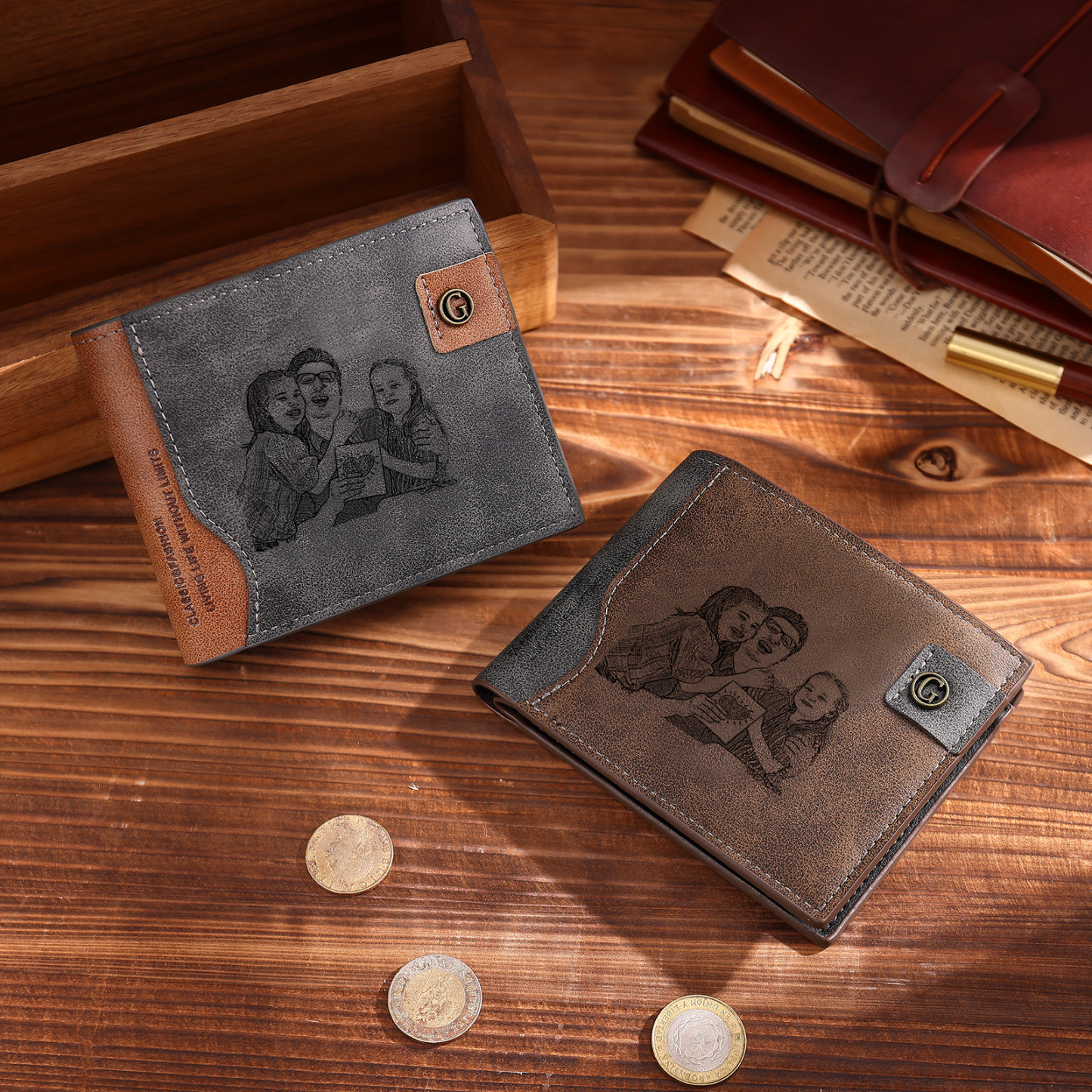 Personalized Men’s Leather Bifold Wallet with Engraved photo Custom Initials and Name