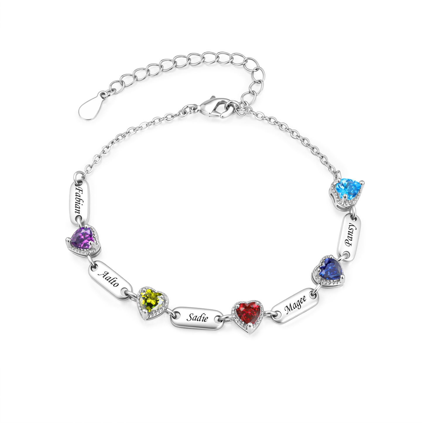 Personalized Heart Birthstone Bracelet Customized with 1-6 Names and Stones