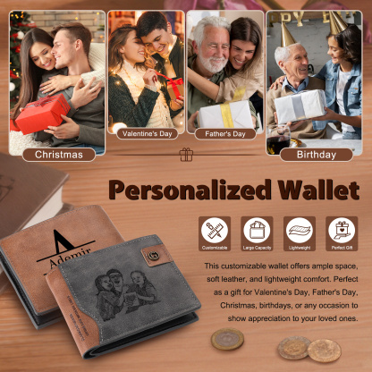 Personalized Men’s Leather Bifold Wallet with Engraved photo Custom Initials and Name