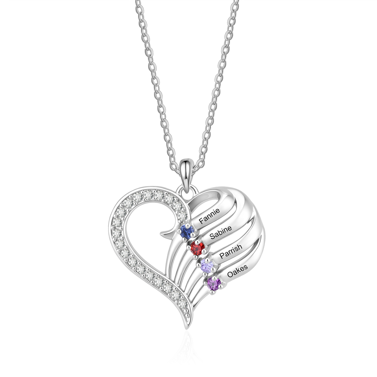 Personalized Heart Necklace with Birthstones Custom with 2–4 Family Names