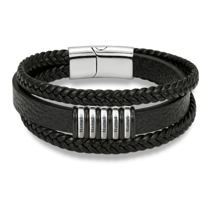 Personalized Braided Leather Bracelet for Men Custom with 2–6 Names Engraved
