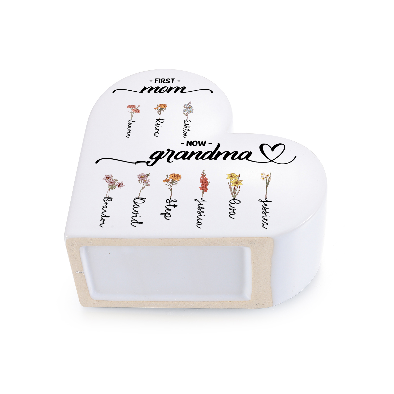 Personalized Ceramic Heart Vase with 2–12 Birthflowers and Names