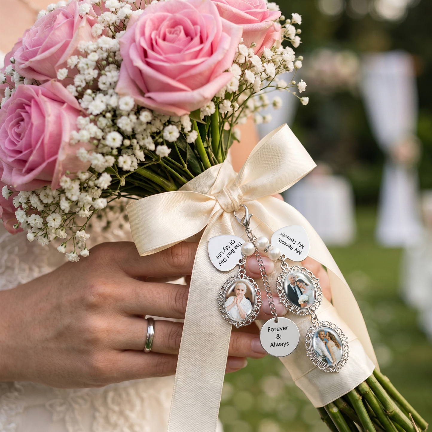 Personalized Memorial Bouquet Charm with Pearl Beads Custom 1-4 Photos