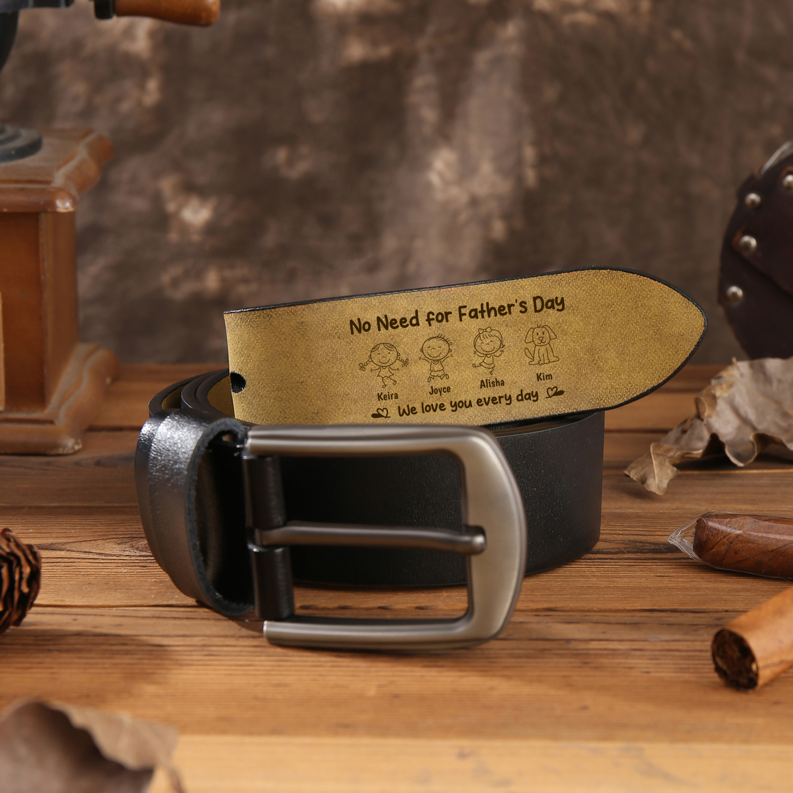 Personalized Leather Belt for Men Customized with 1-6 Names and Kids’ Drawing Gift for Dad Father’s Day