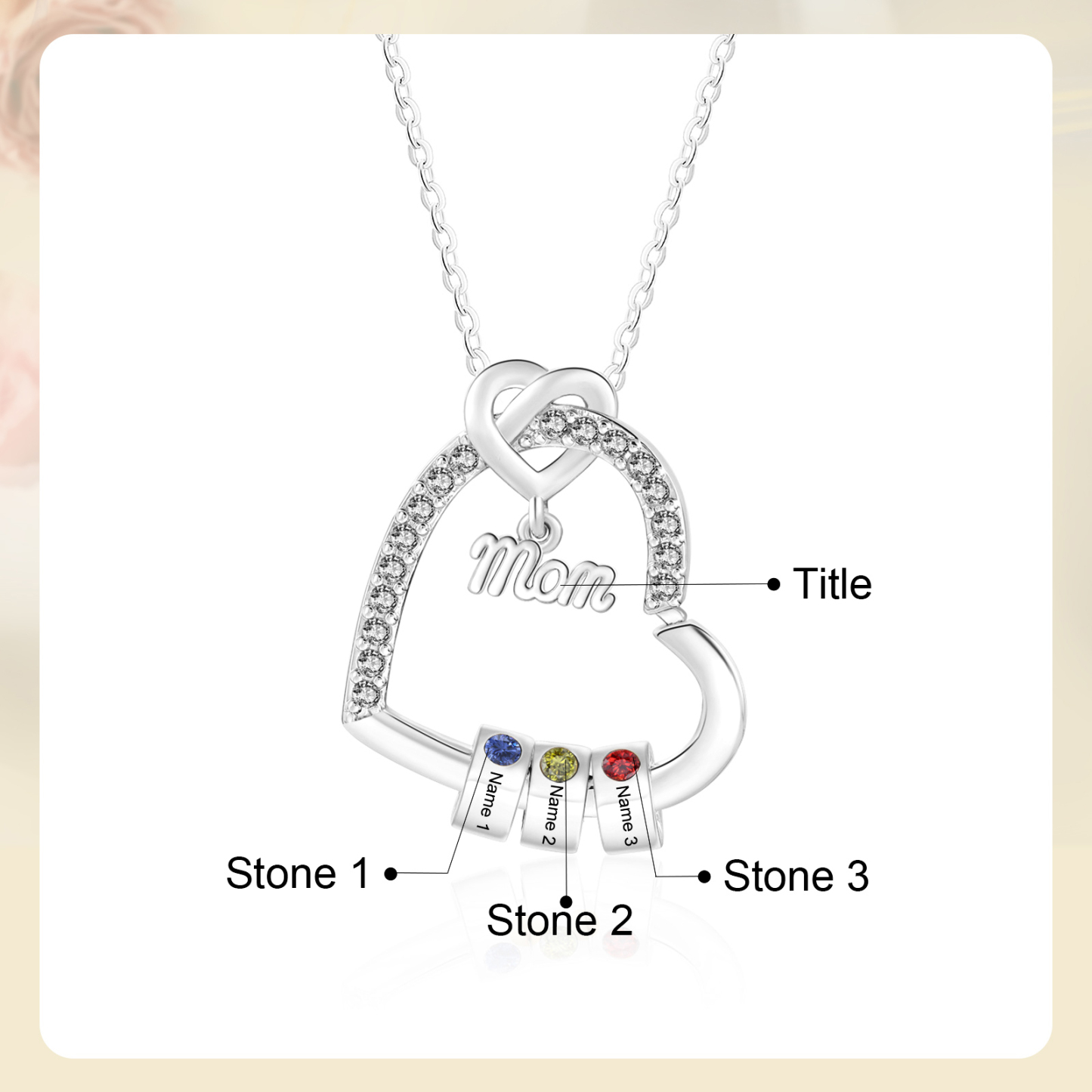 Personalized Mom heart necklace with birthstone and 1-5 names