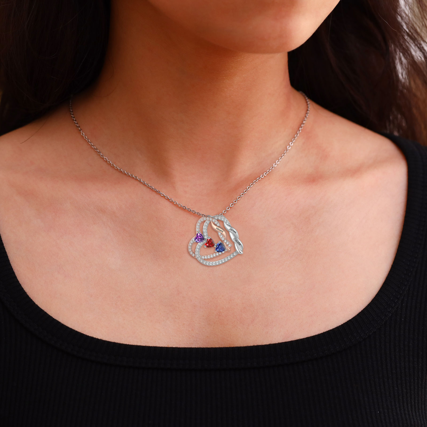 Personalized Heart-to-Heart Birthstone Necklace with Names – Custom Diamond Pendant Gift | Jessemade