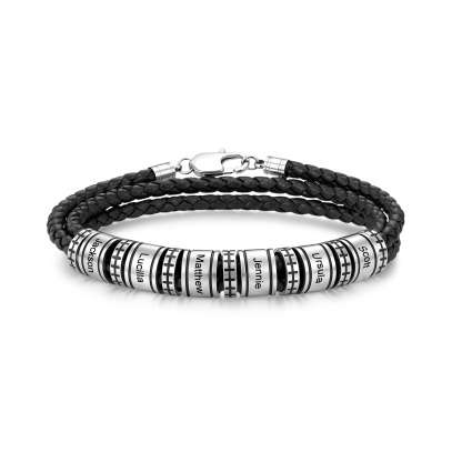 Personalized Men’s Braided Leather Bracelet Engraved Beads with 1 to 6 Names