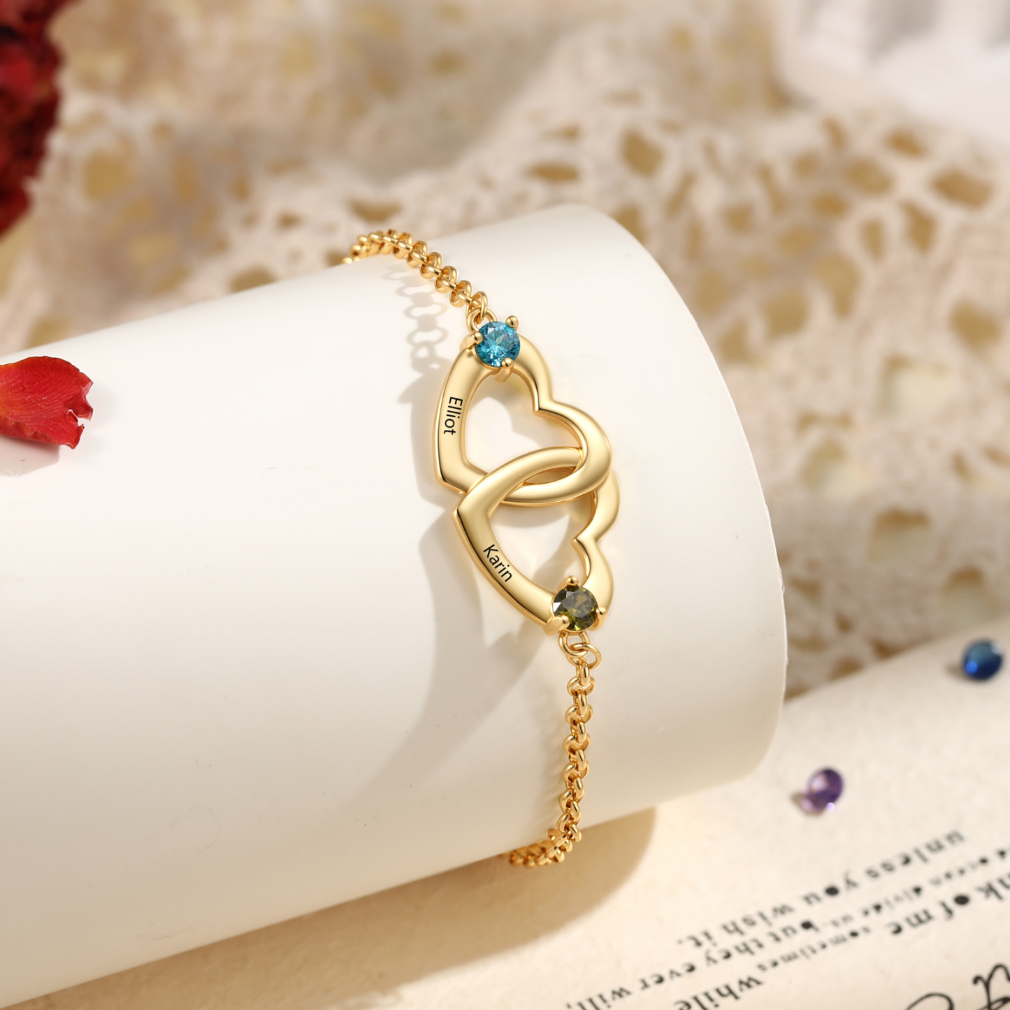 Personalized Heart Bracelet Custom With 2 Names 2 Birthstones Gift For Her