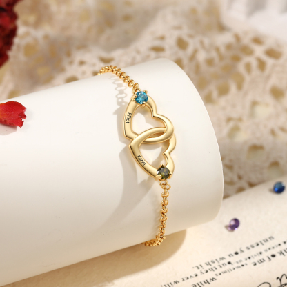 Personalized Heart Bracelet Custom With 2 Names 2 Birthstones Gift For Her
