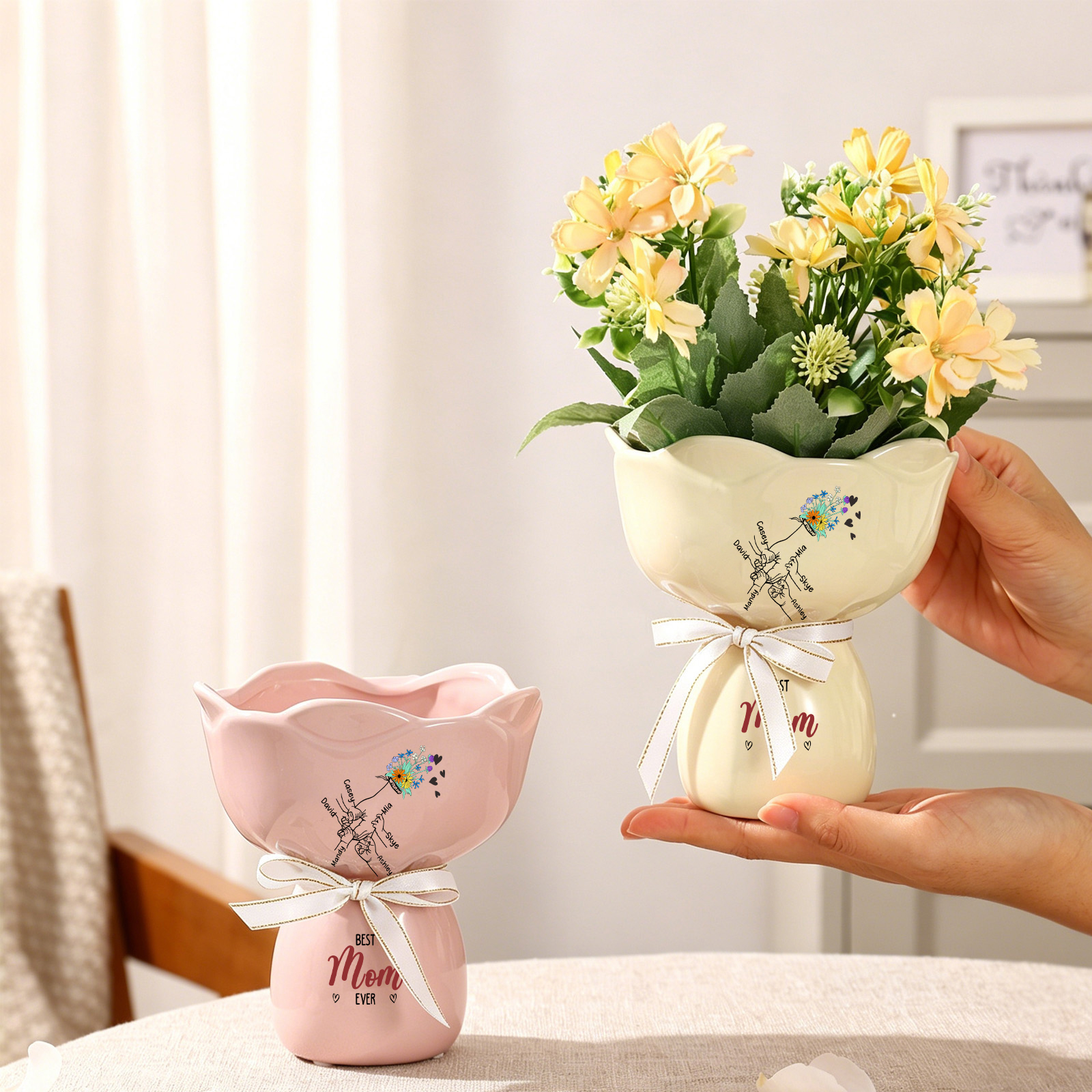 Personalized Ceramic Bouquet Flower Vase with Bow Best Grandma Ever