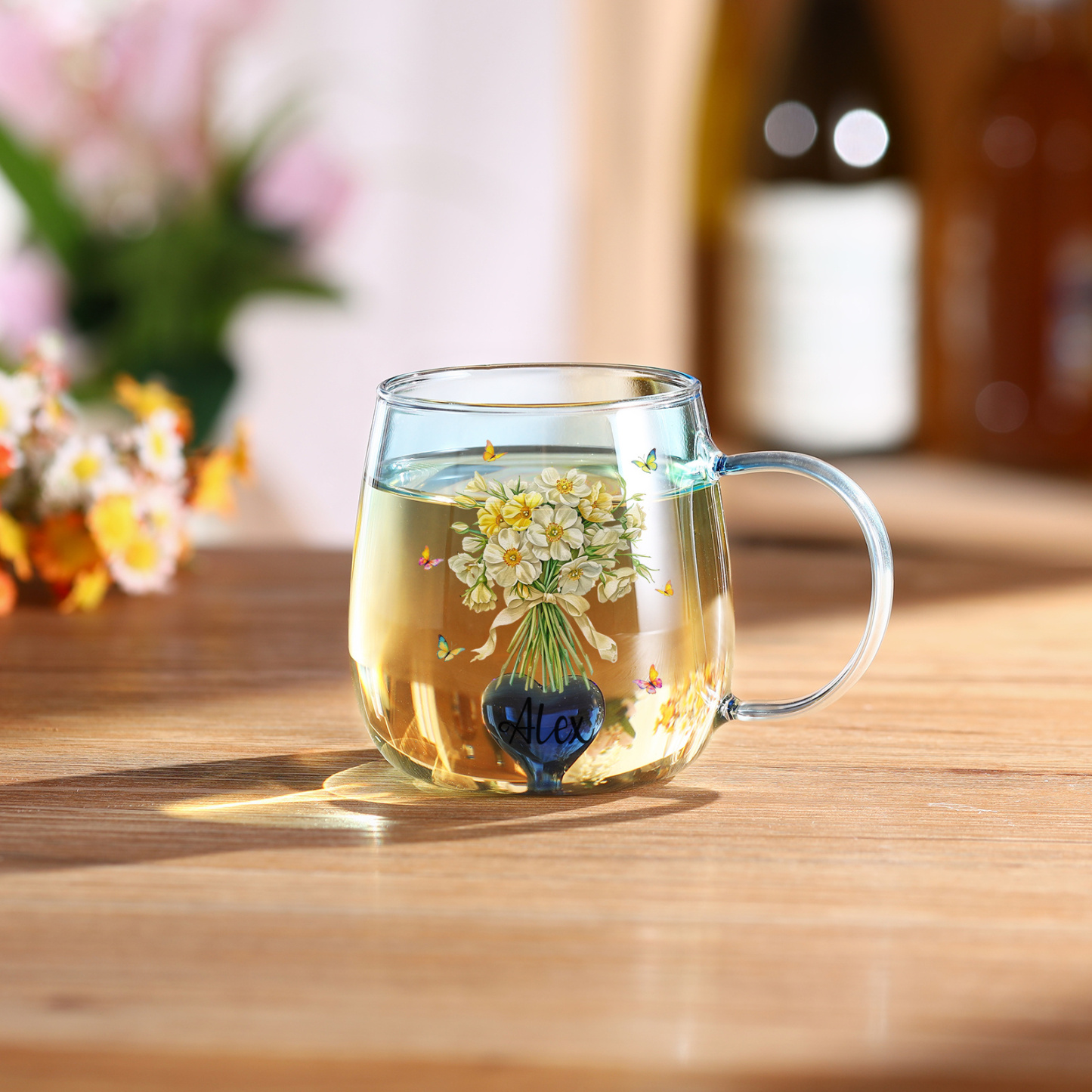Custom Name Birth Flower Ombre Pink Glass Mug